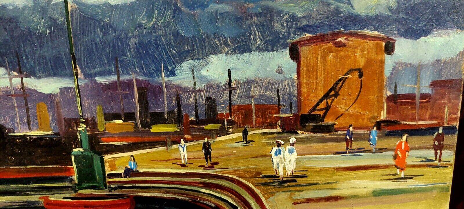 Oil painting Livorno 1975 port boats magnificent