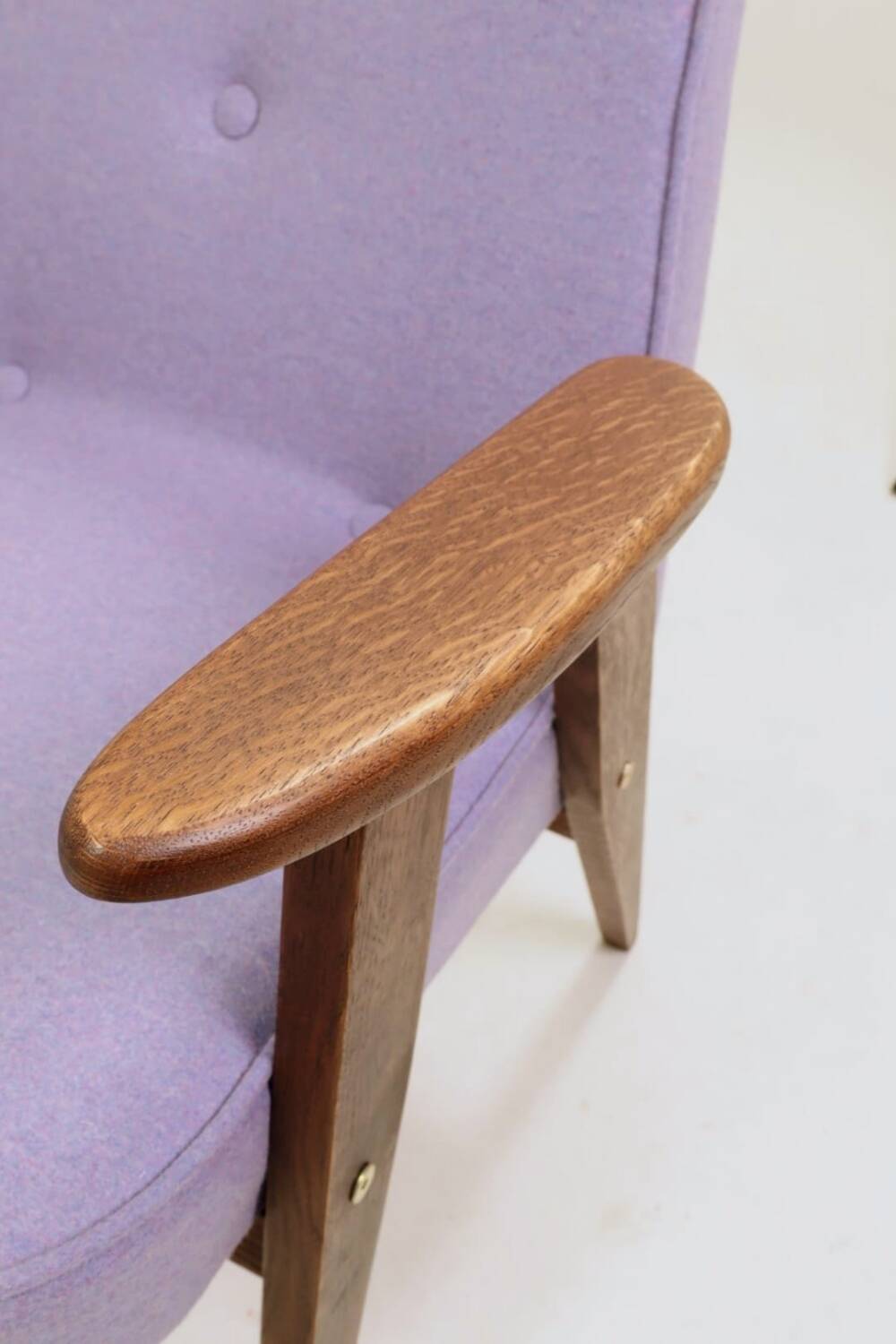Vintage armchair in lavender wool and oak.