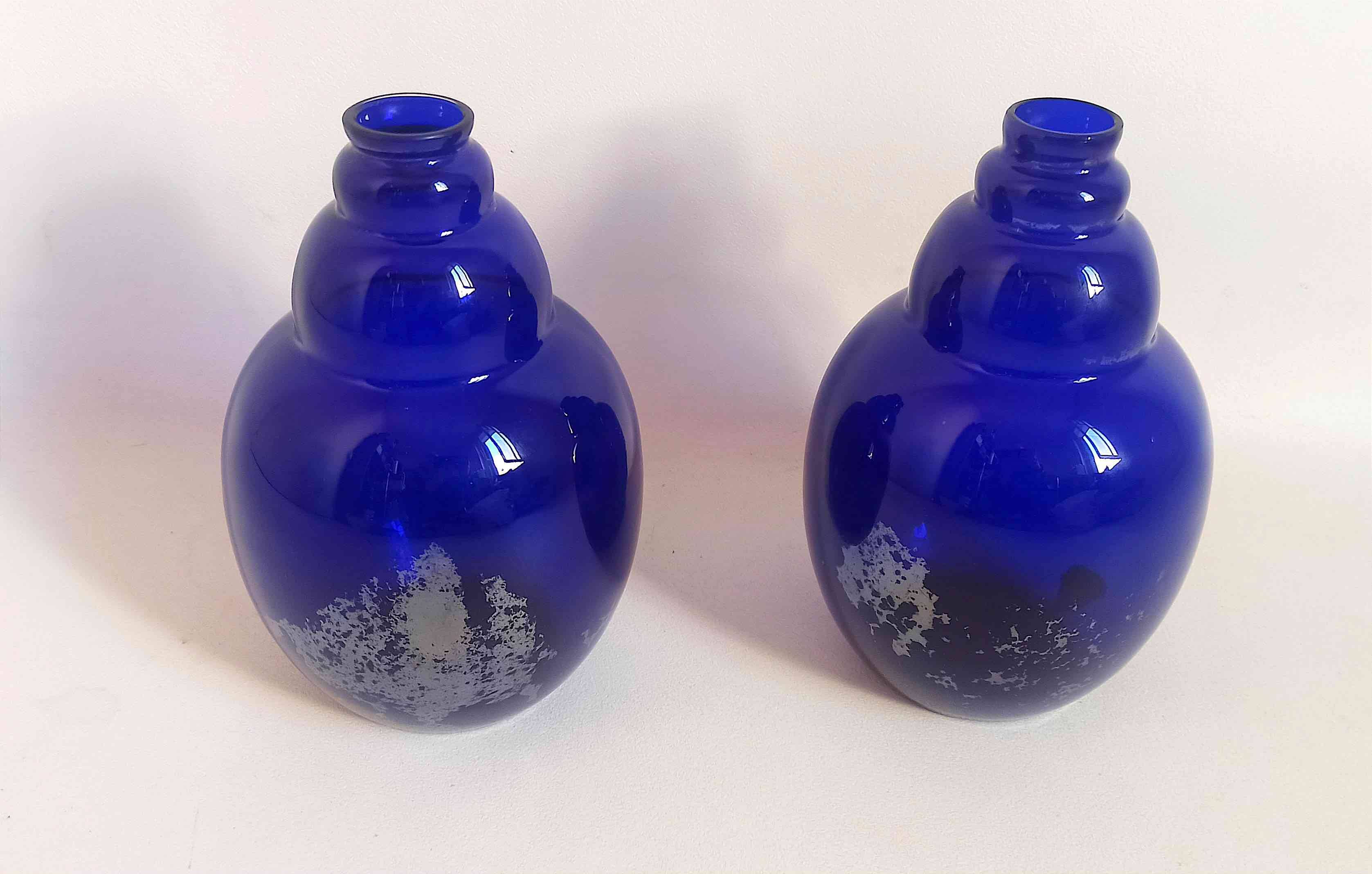 Pair of colbat blue art deco vase with silver leaf inclusions height 24 cm