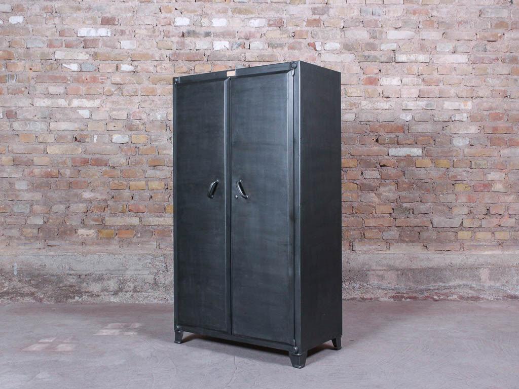 Industrial storage cabinet with 2 brushed steel swing doors, circa 1950