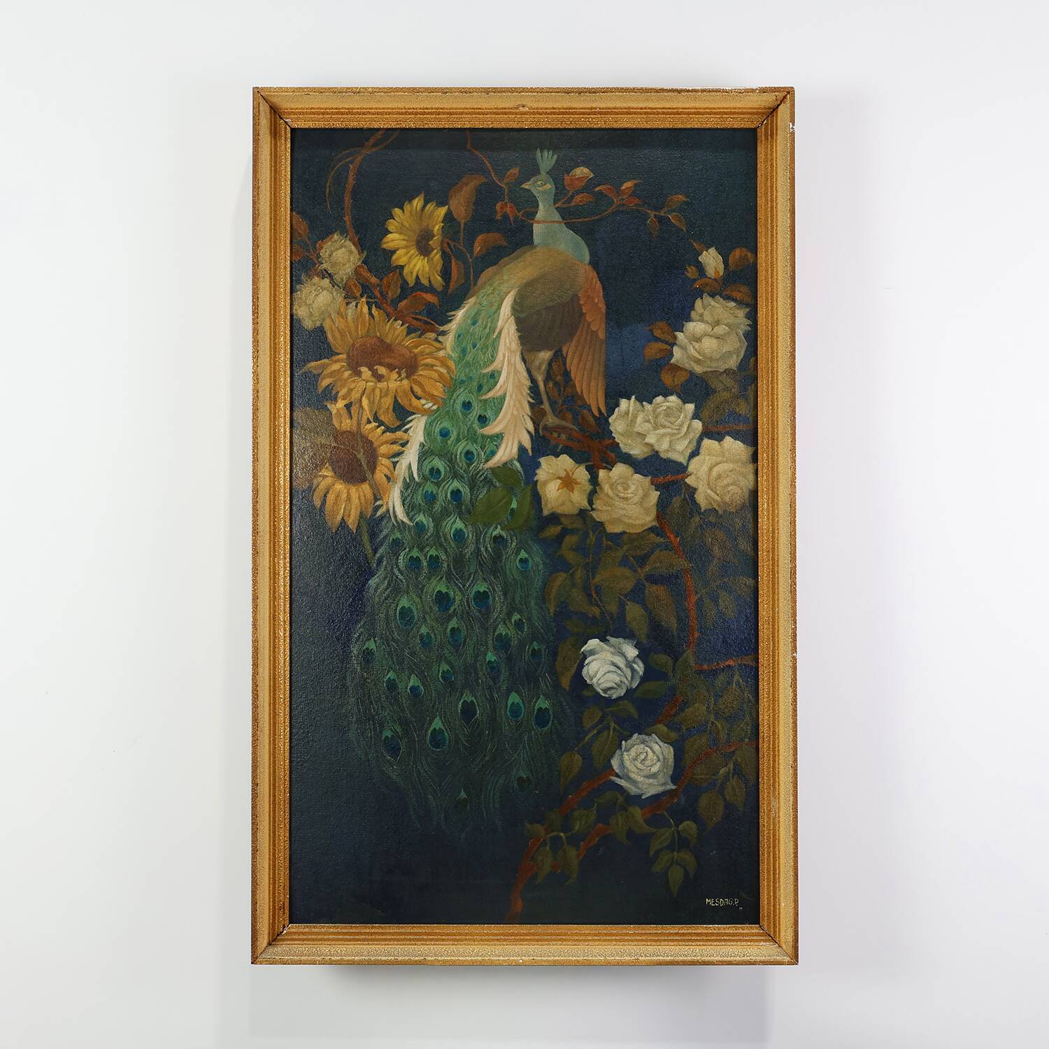 Signed Hollywood Regency style Painting of a Peacock with Roses, Belgium