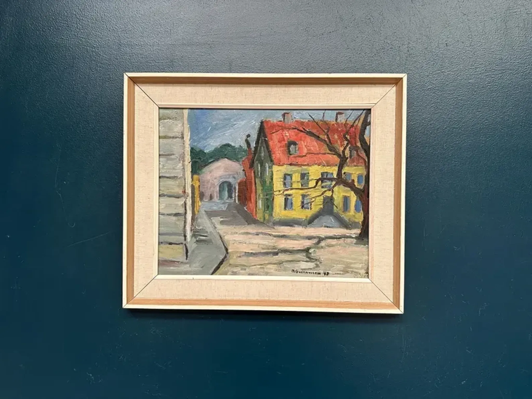 Original Swedish Oil on Panel – “Urban Landscape” by B. Gustavson – Signed – Dated 1947 – Vintage & Framed