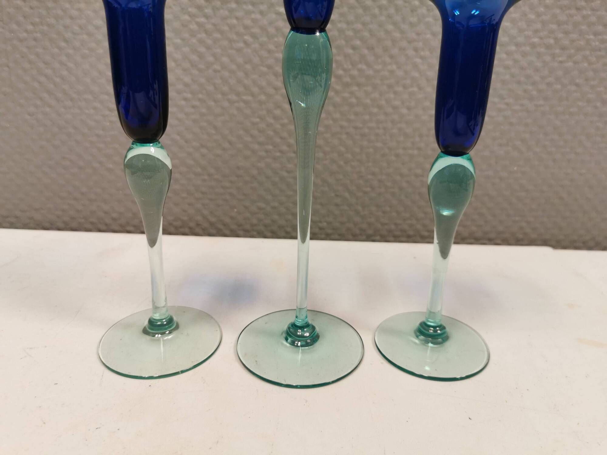 Royal Copenhagen set of 3 candle holders, model Harlequin in blue/turquoise glass.