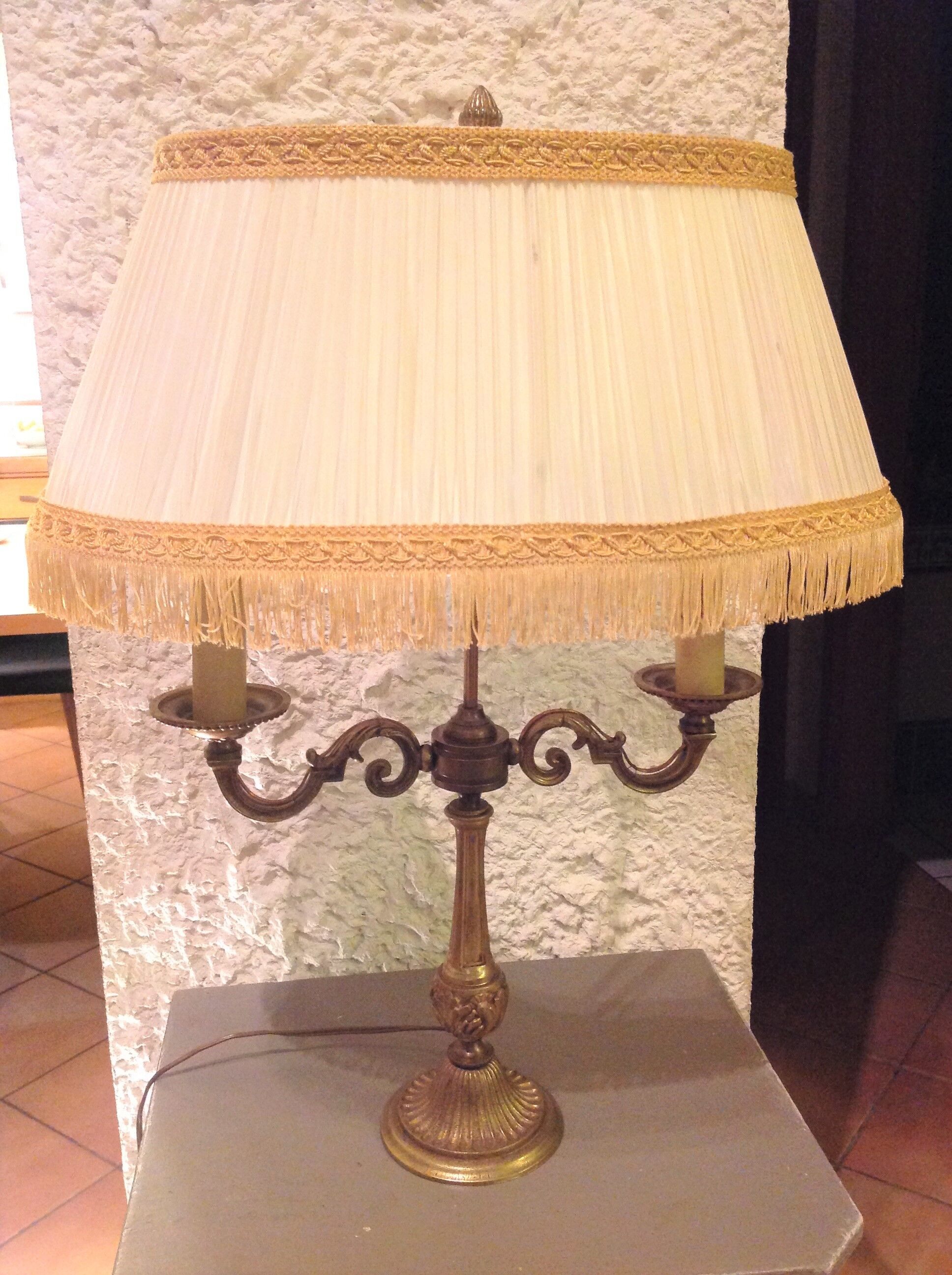 Empire style hot water bottle lamp with fabric lampshade / vintage 50-60s