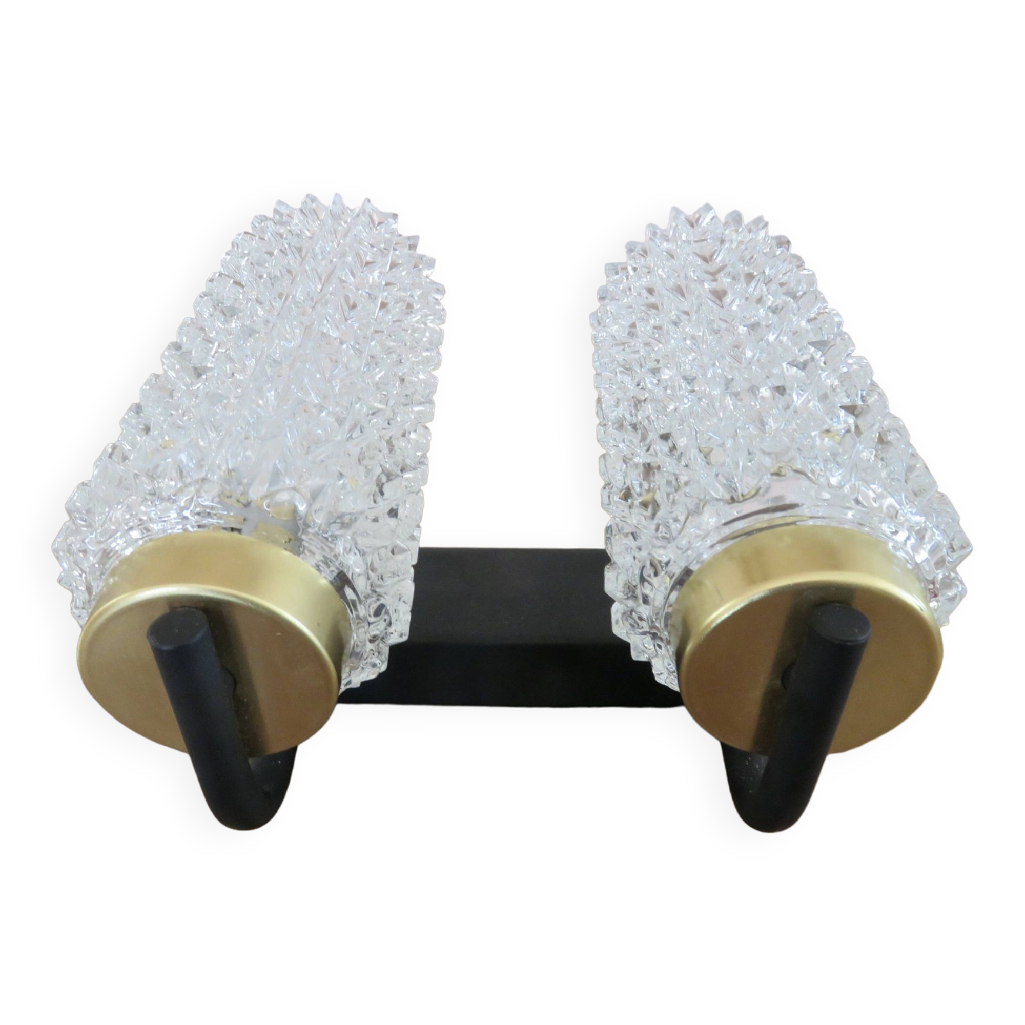 Arlus style double wall lamp in gold metal and black lacquered metal, diamond tip glass 1960