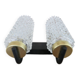 Arlus style double wall lamp in gold metal and black lacquered metal, diamond tip glass 1960
