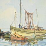 Peinture à l’Huile sur Isorel « Chalutier et Thoniers », signée G.Lhermitte – Milieu XXe