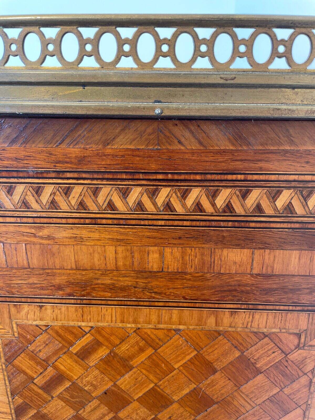 Louis XVI music cabinet, marquetry, brass gallery, marble top