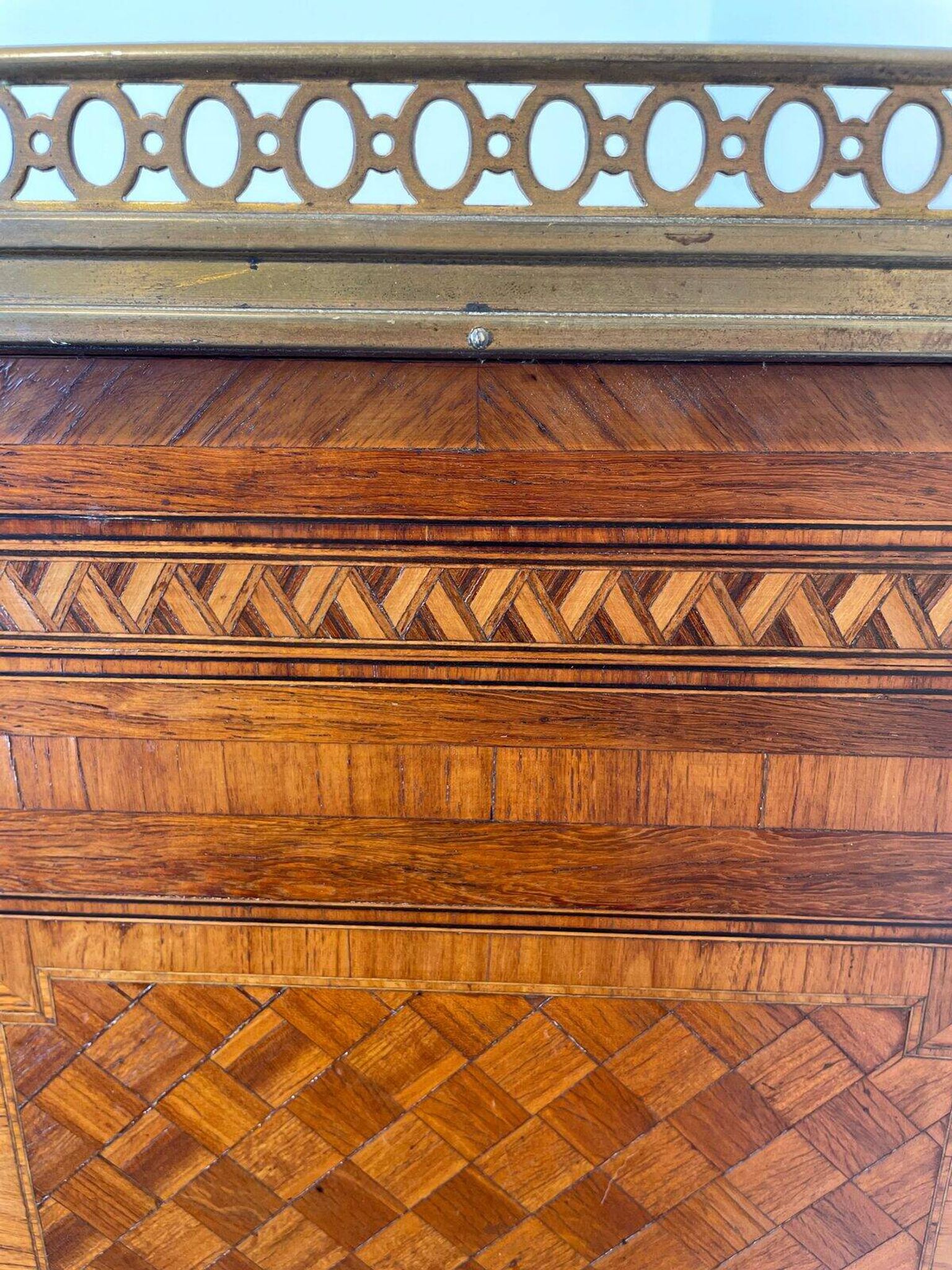 Louis XVI music cabinet, marquetry, brass gallery, marble top