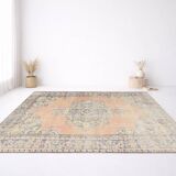Tapis vintage en laine fait main, saumon doux et bleu marine, 183x264 cm
