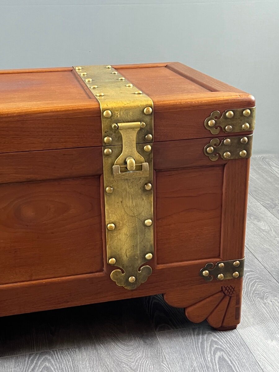 Pair of wooden and engraved brass chests, 20th century