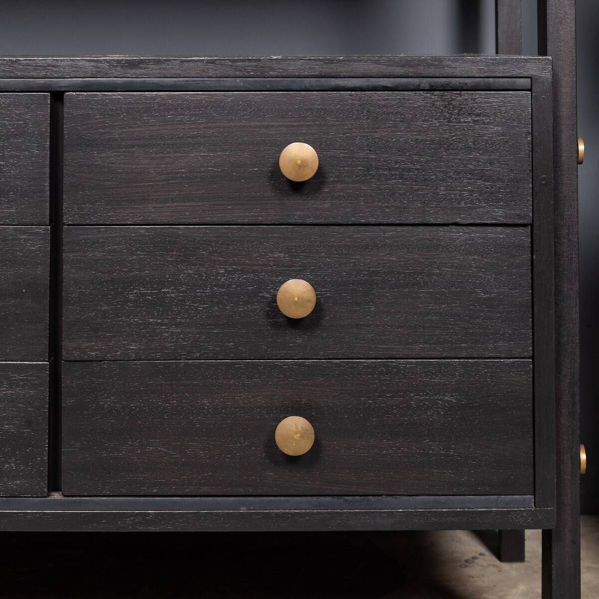Striking 20thc italian ebonised etageres with open back & storage c.1970