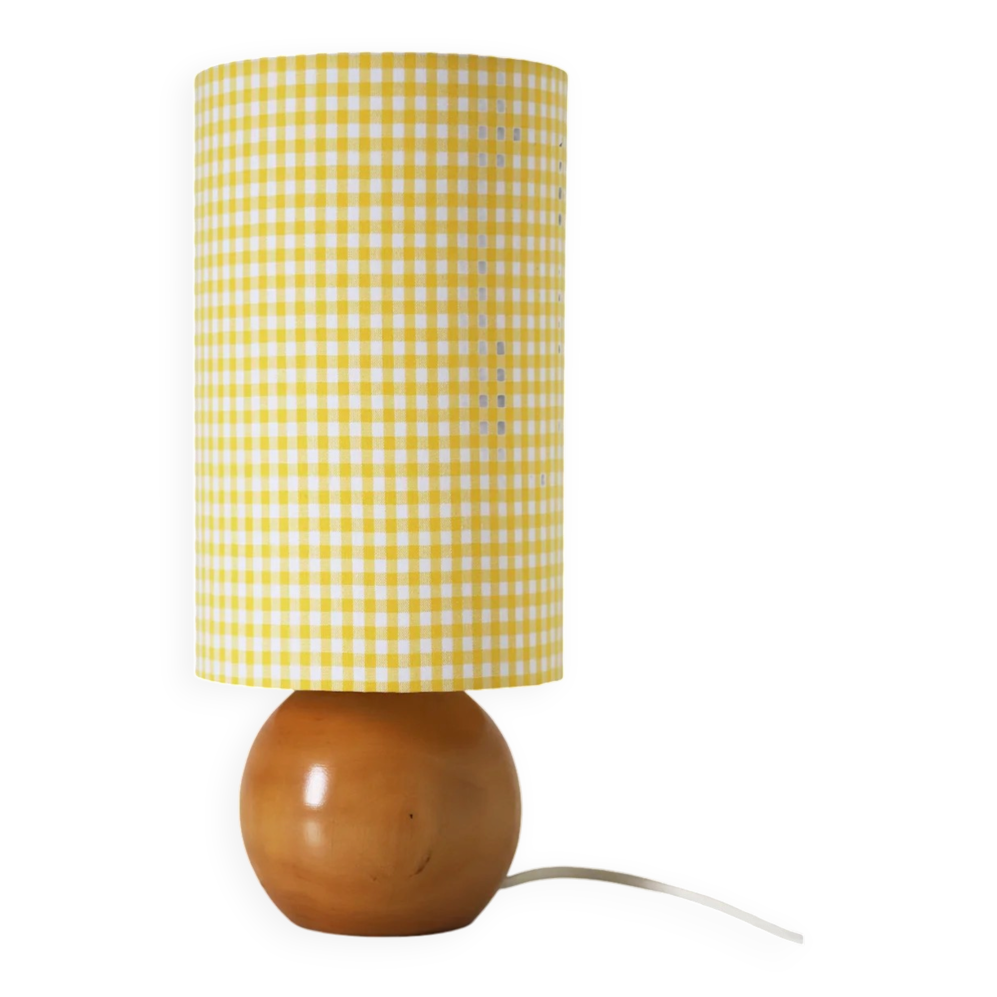 Handcrafted table lamp – Turned wood and yellow Vichy