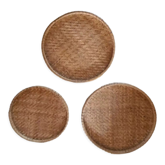 Trio of antique woven bamboo trays