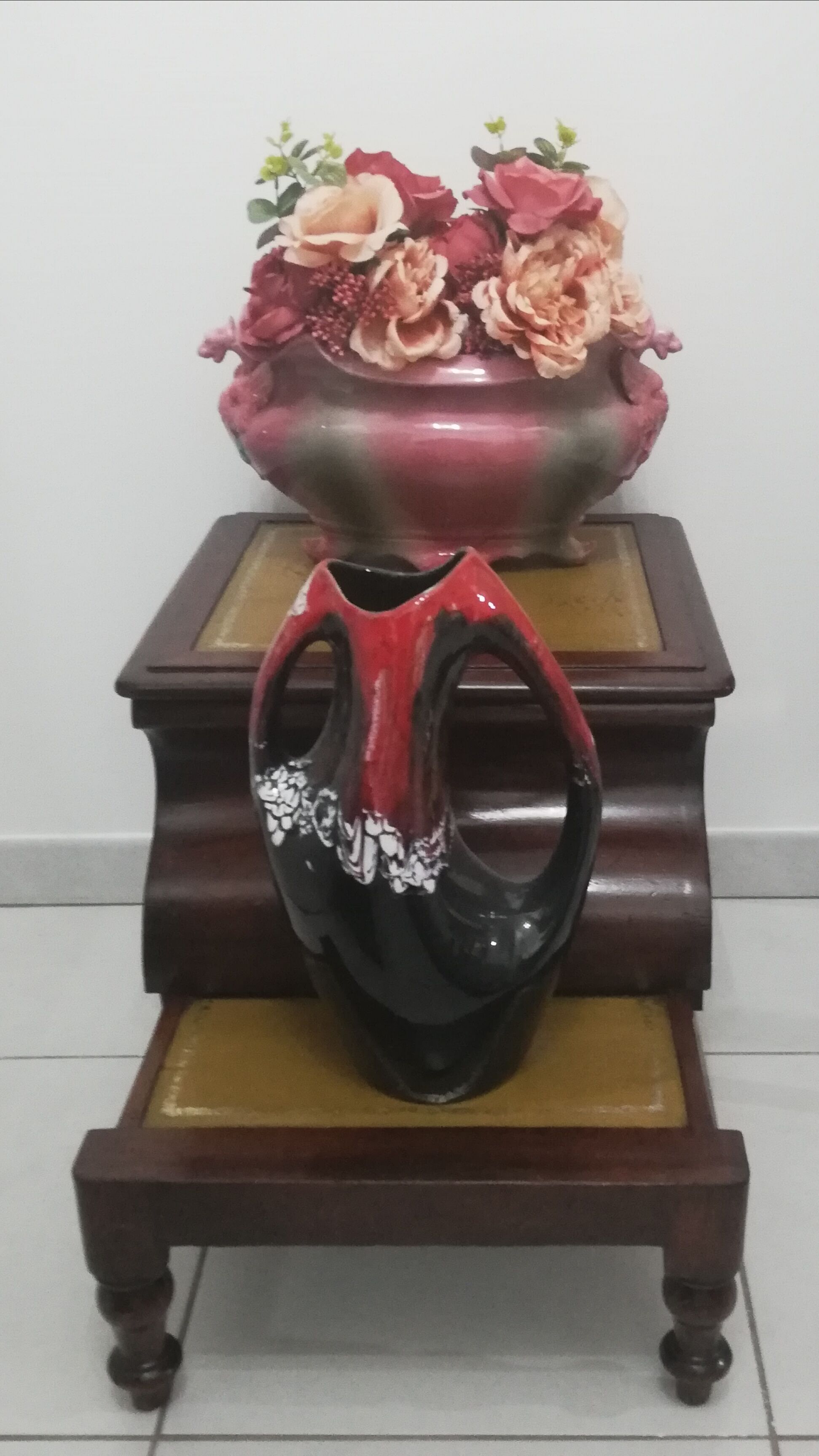 Old stepladder or English mahogany library foot walk