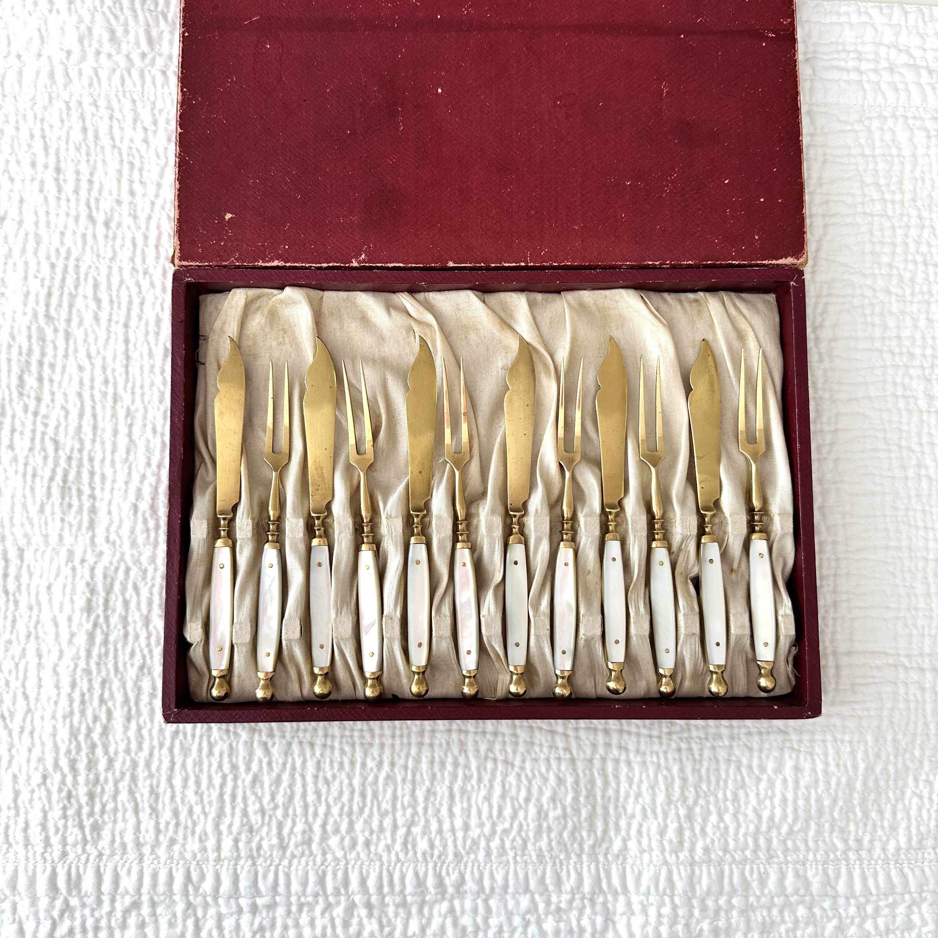 Antique Fruit Cutlery Set for 6 · Brass & Mother-of-Pearl · Original Box