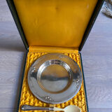 Porridge plate and spoon in silver metal