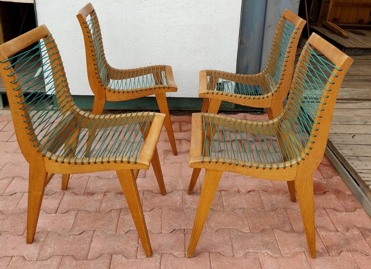 4 Louis Sognot chairs, green yarn