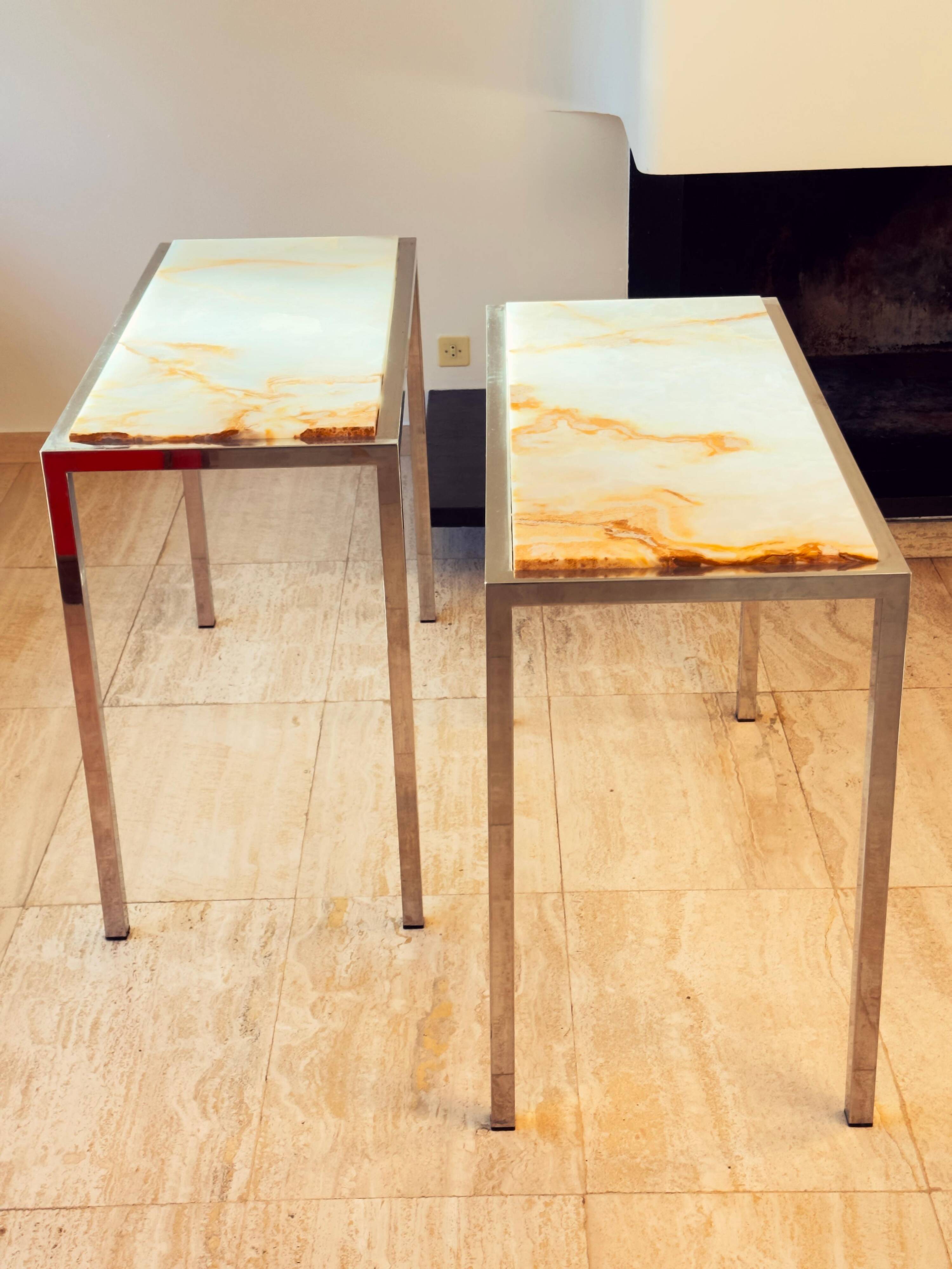 Pair of Italian Console Tables in Marble and Chrome, 1970s