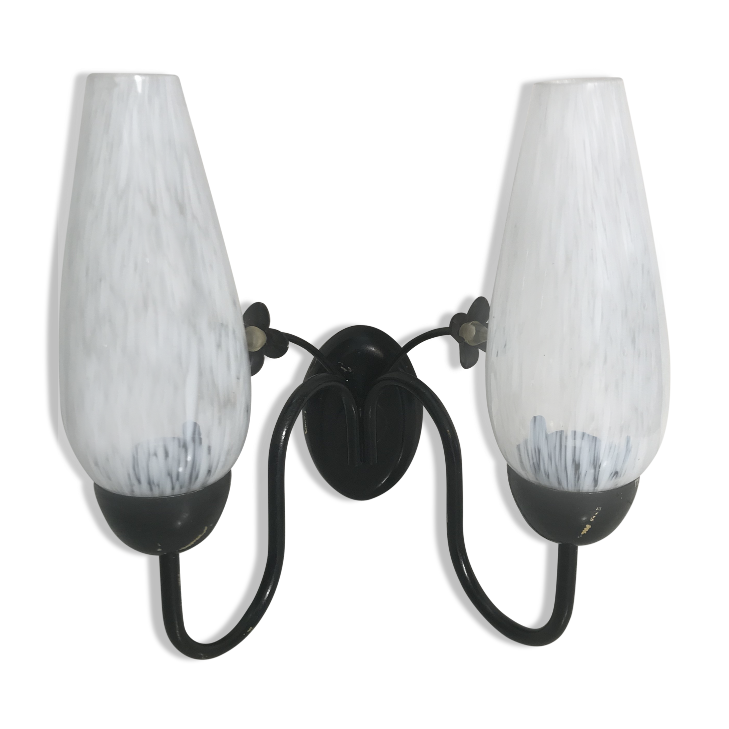 Vintage double metal black wall sconce with flowers and white glass reflectors