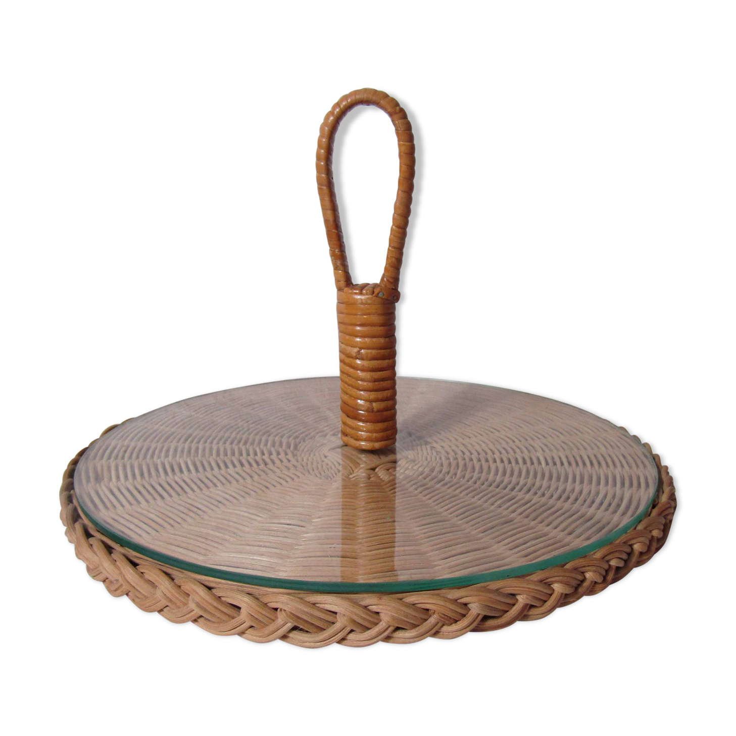 Plateau à fromage en rotin et verre vintage