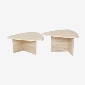 Pair of travertine arondi triangular coffee tables or side tables