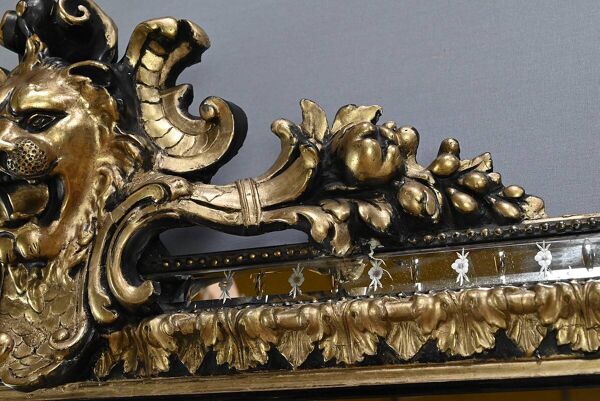 Grand Miroir à Parcloses en Bois doré et Bois noirci, style Napoléon III –