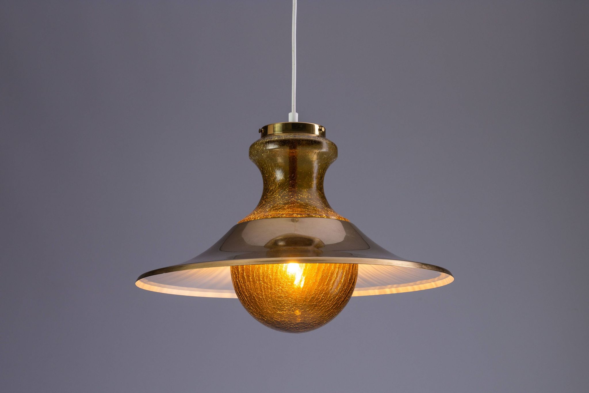 Large glass ‘‘bubble’’ chandelier with brass shade