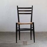 Vintage set of 8 Italian papercord black dining chairs, woven seat, 1950s