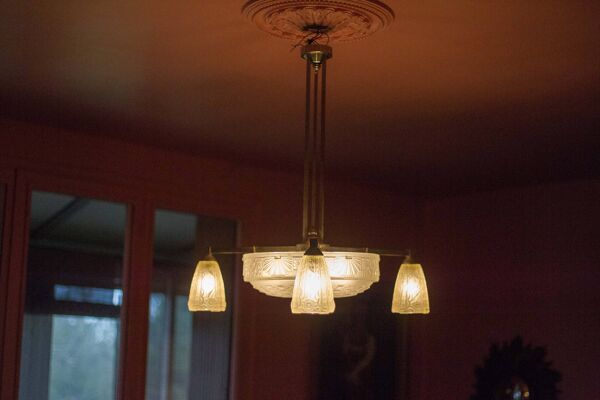 Lustre art déco bronze nickelé avec verre tulipe art déco, lampe de plafond, suspension art déco, 30