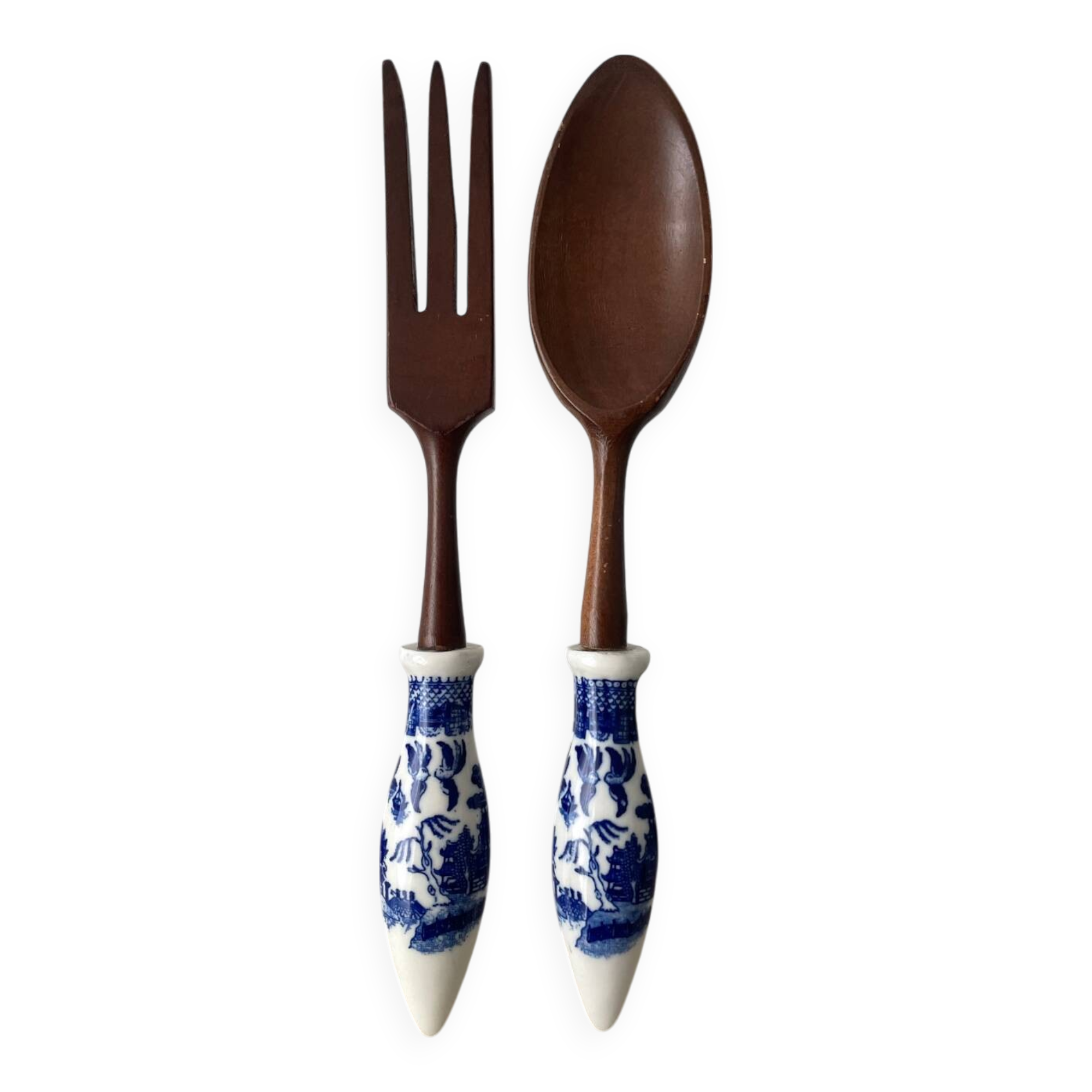 Service à salade vintage en bois et porcelaine Blue Willow