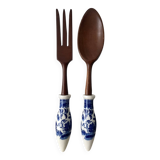 Service à salade vintage en bois et porcelaine Blue Willow