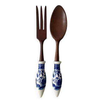 Service à salade vintage en bois et porcelaine Blue Willow