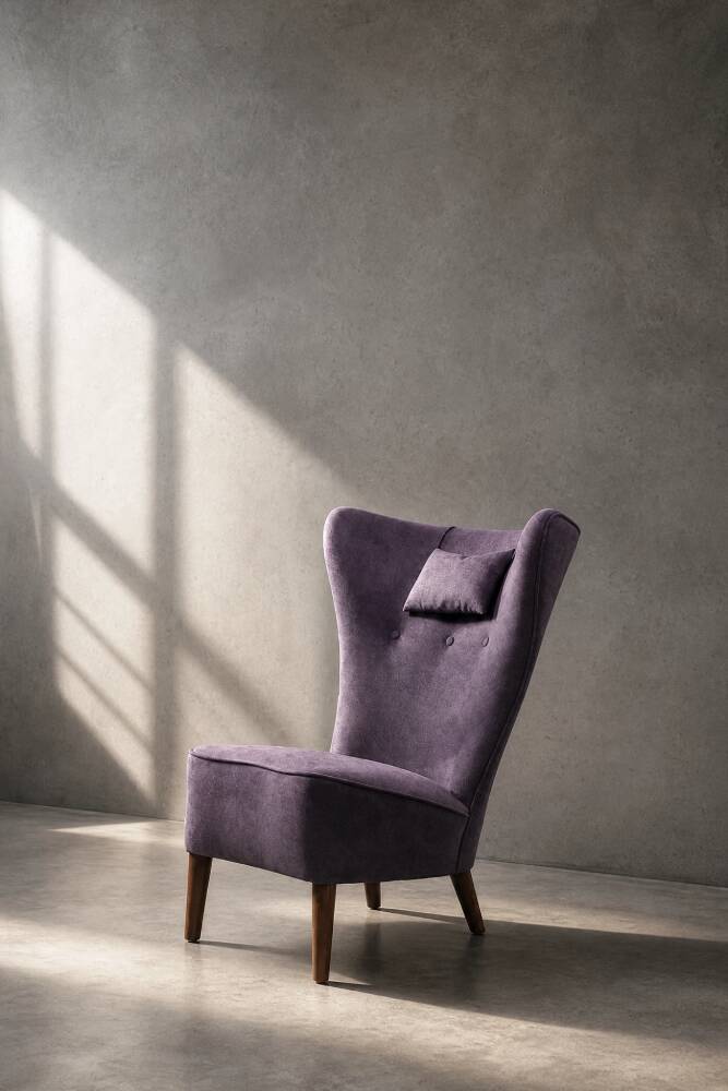 Vintage Mid-Century Scandinavian Modern Oak & Purple Fabric High Back Wing