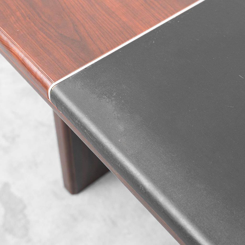 Vintage wooden desk with black faux leather insert – 1970s modernist design