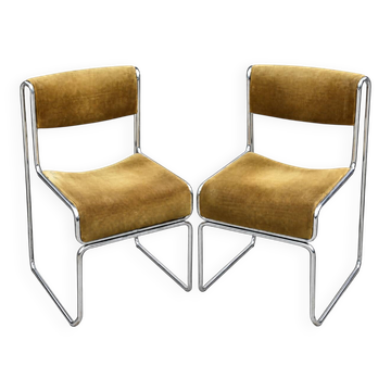 Pair of vintage corduroy and chrome tubular metal sled chairs.