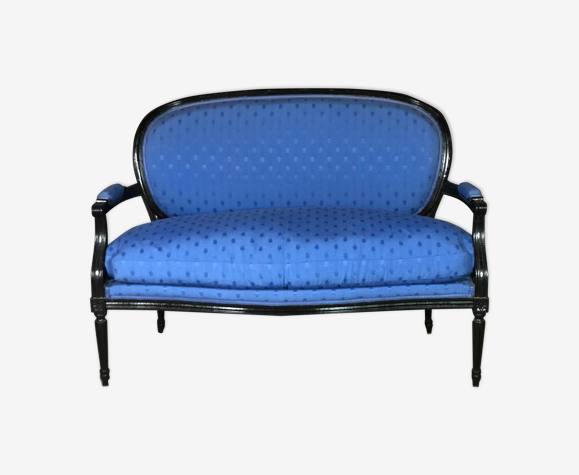 Louis XVI style bench in black wood and blue fabric