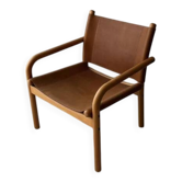 Fauteuil safari danois en bois de hêtre cuir des années 1970