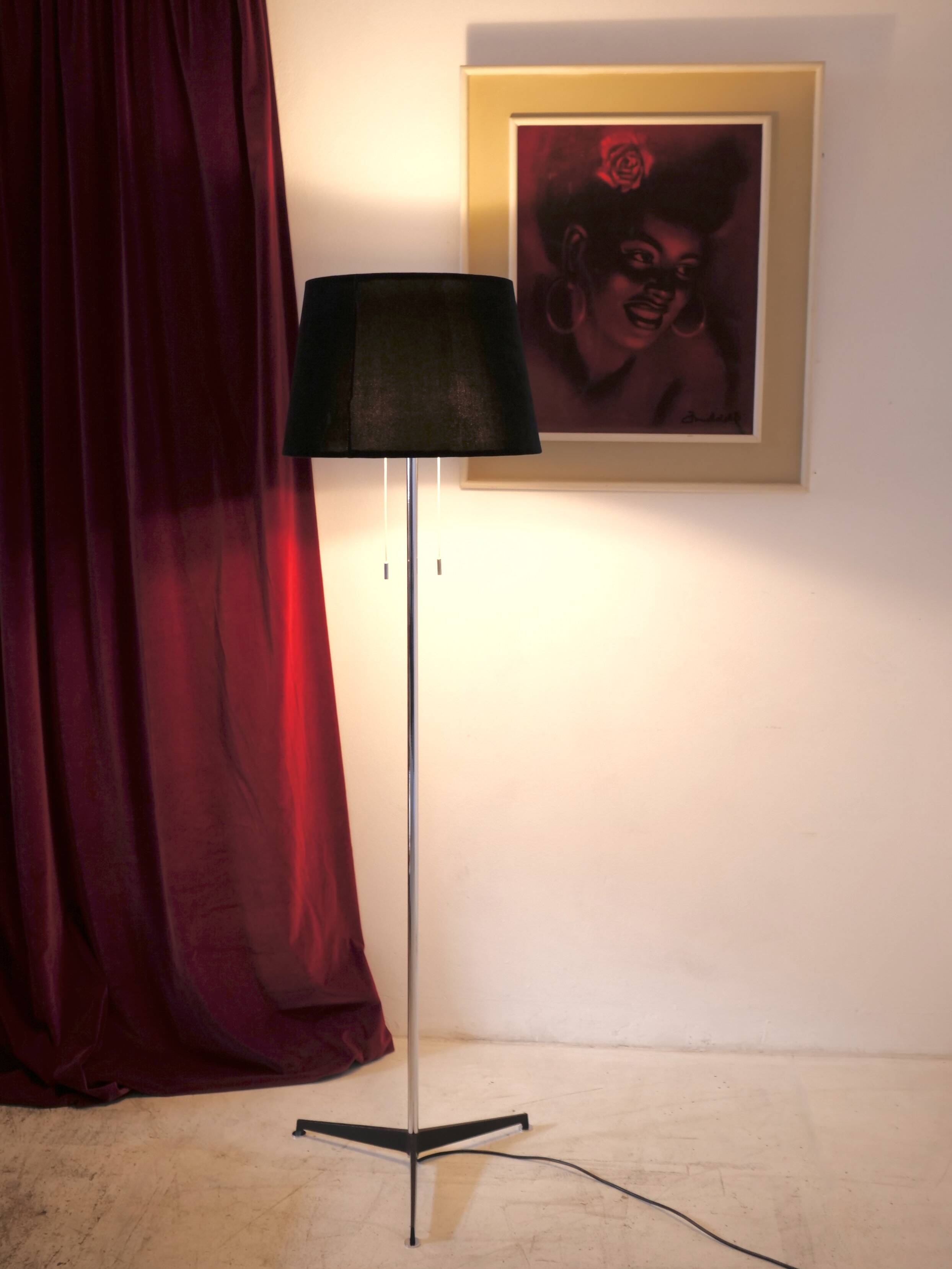 Chrome and black velvet Staff light floor lamp