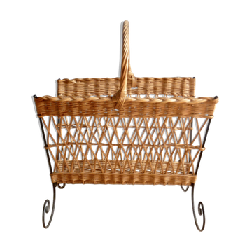Metal and rattan magazine rack, 1960s