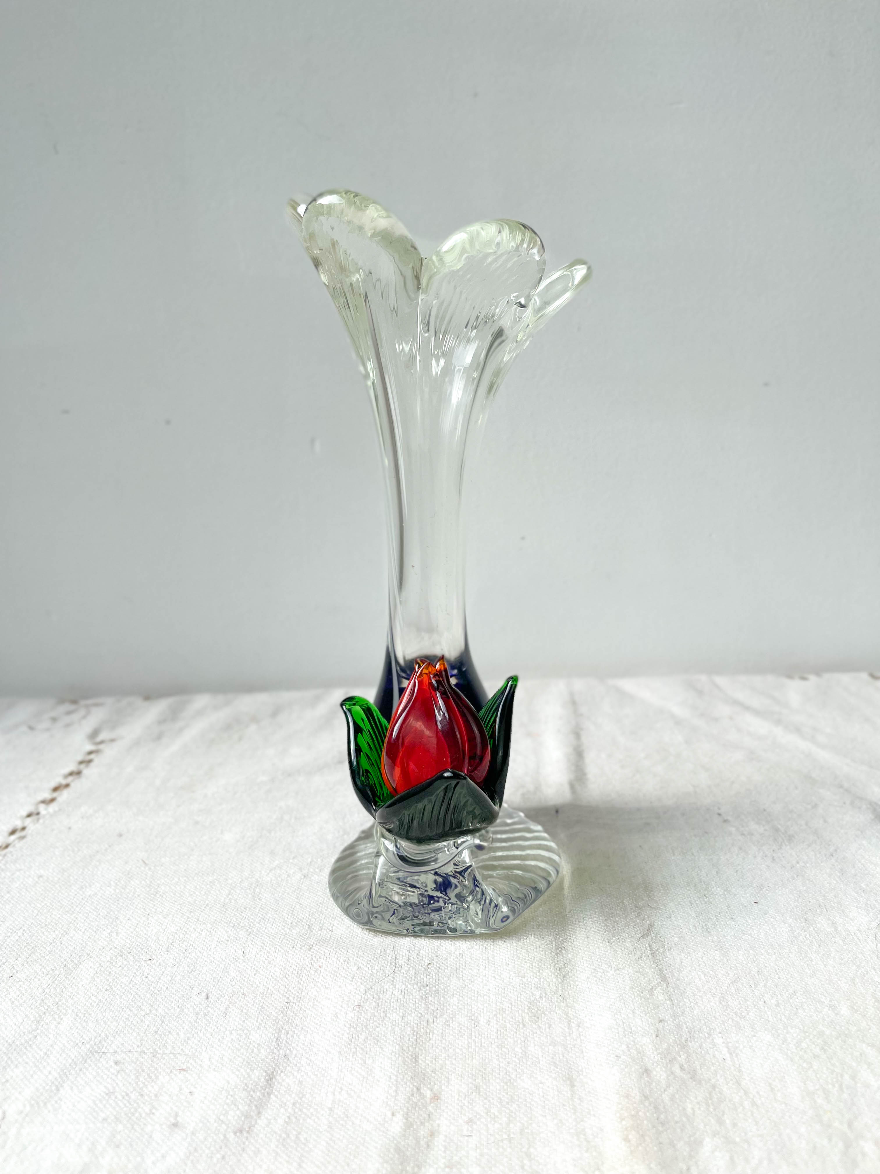 Blue red Murano glass vase with blown flower