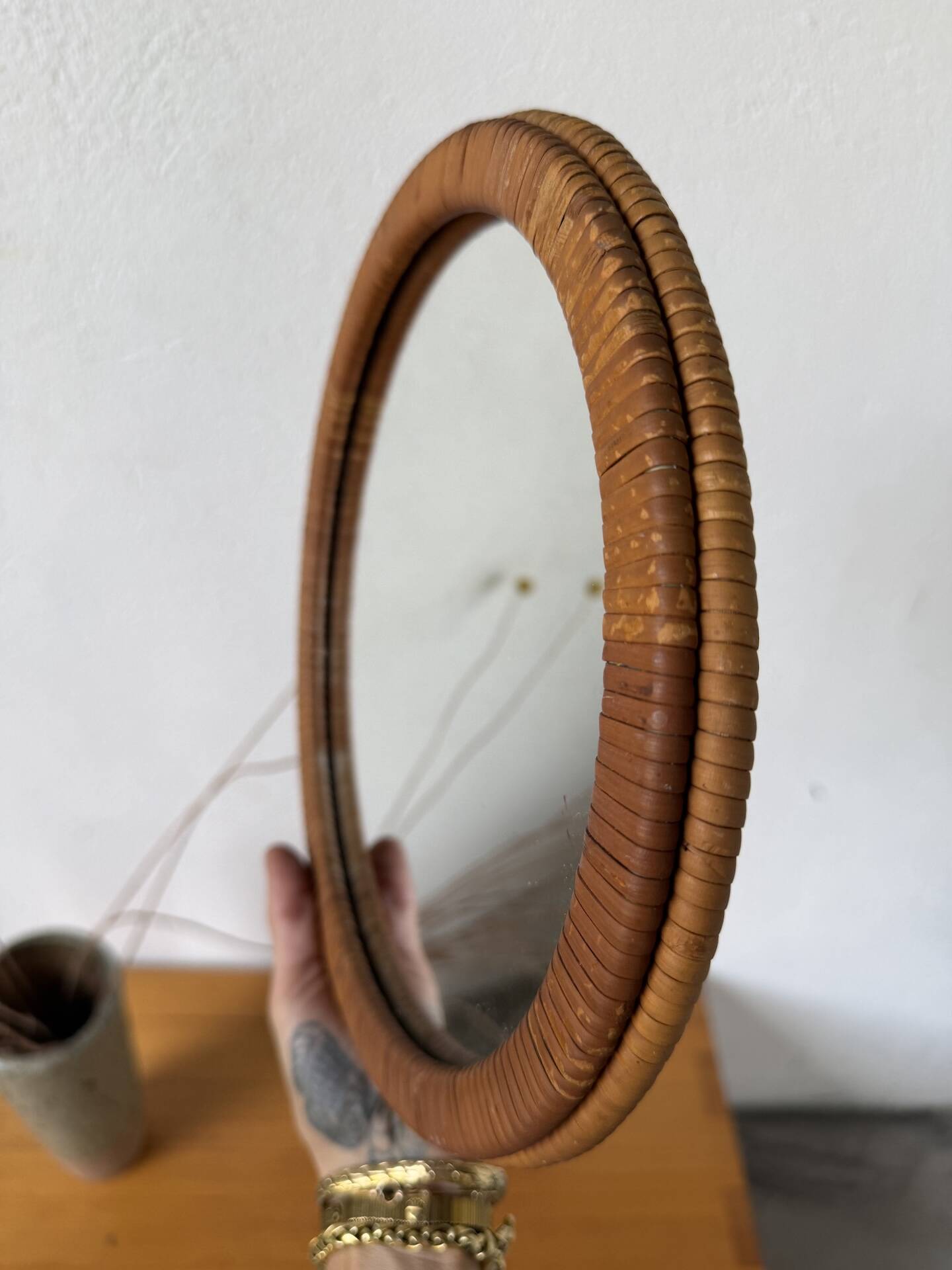 Woven wicker round mirror 1960