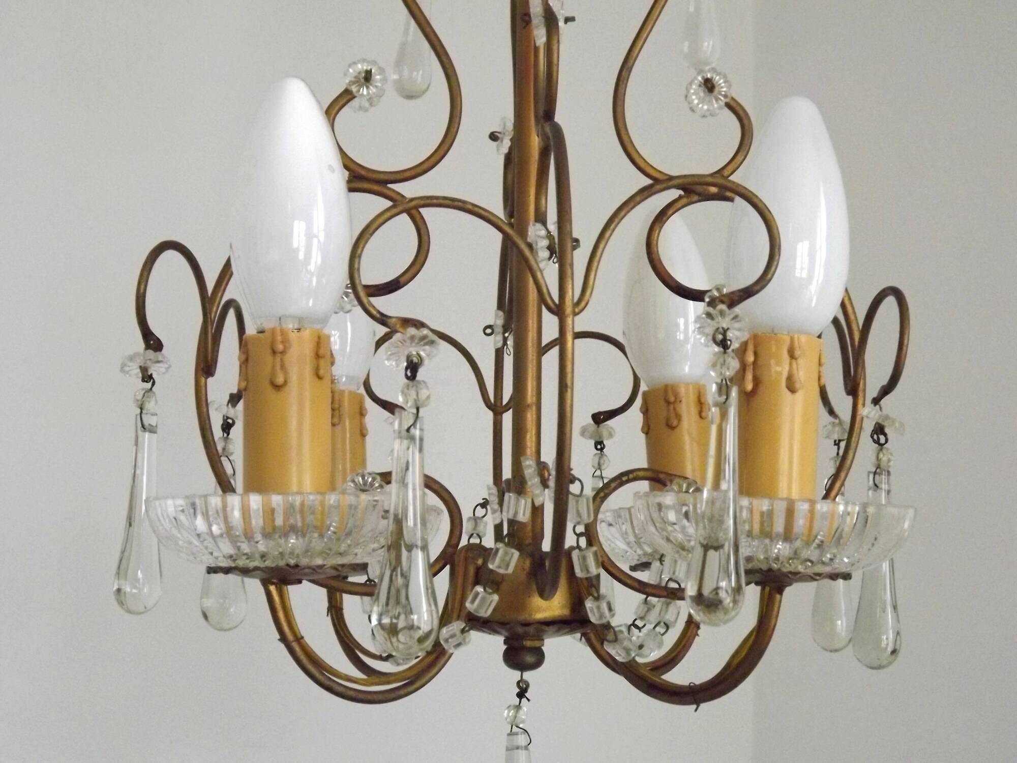 Vintage French 4 Arm Gilded Metal Cage Chandelier Beads Clear Murano Drops