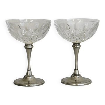 Lot de 2 verres vintage en métal et verre ciselé épais