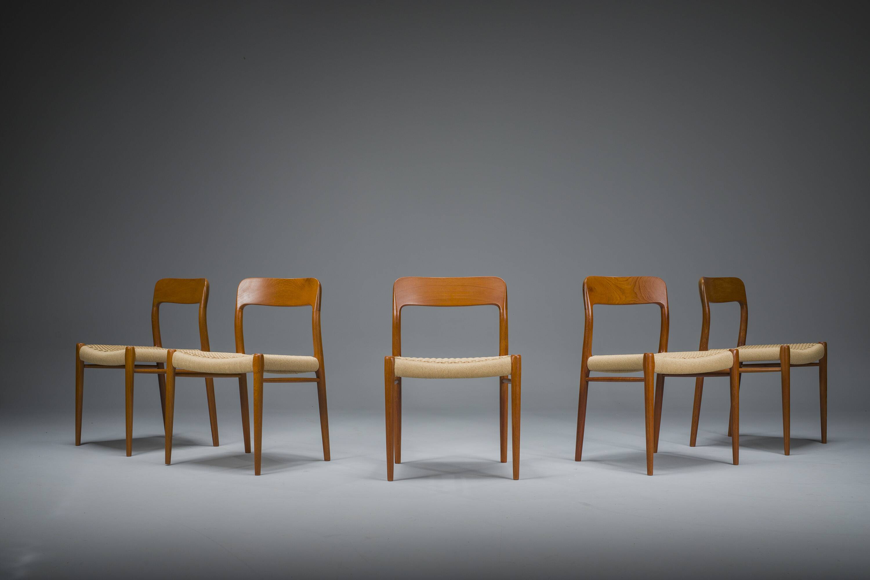 Danish Teak Mod. 77 Dining Chairs with Paper Cord by Niels O. Møller for JL Møllers, 1959, Set of