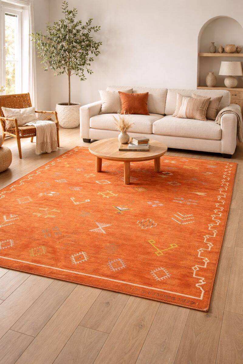 Tapis Kilim vintage marocain orange géométrique fait main en tissage à plat pour salon