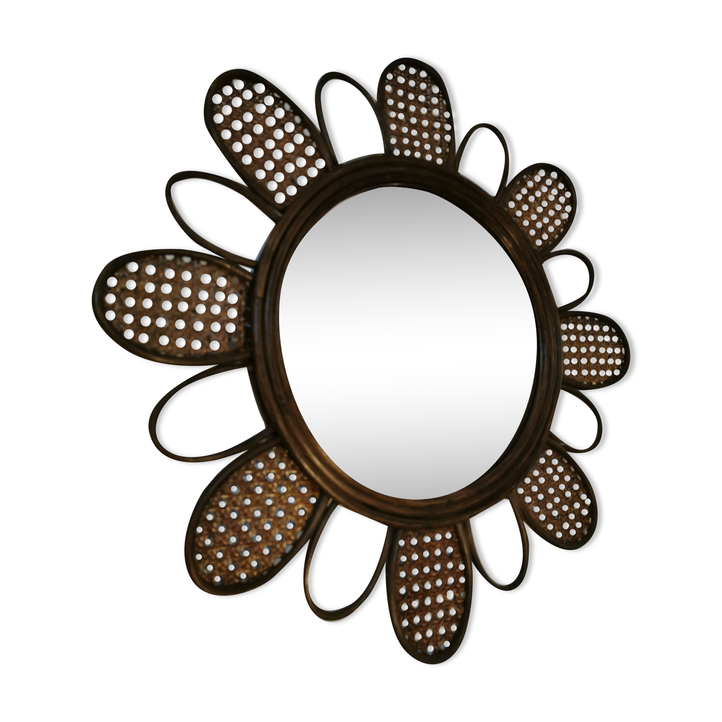Vintage flower mirror in rattan and cannage 60s/70s
