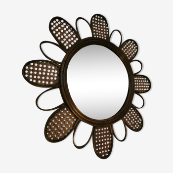 Vintage flower mirror in rattan and cannage 60s/70s