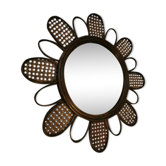 Vintage flower mirror in rattan and cannage 60s/70s