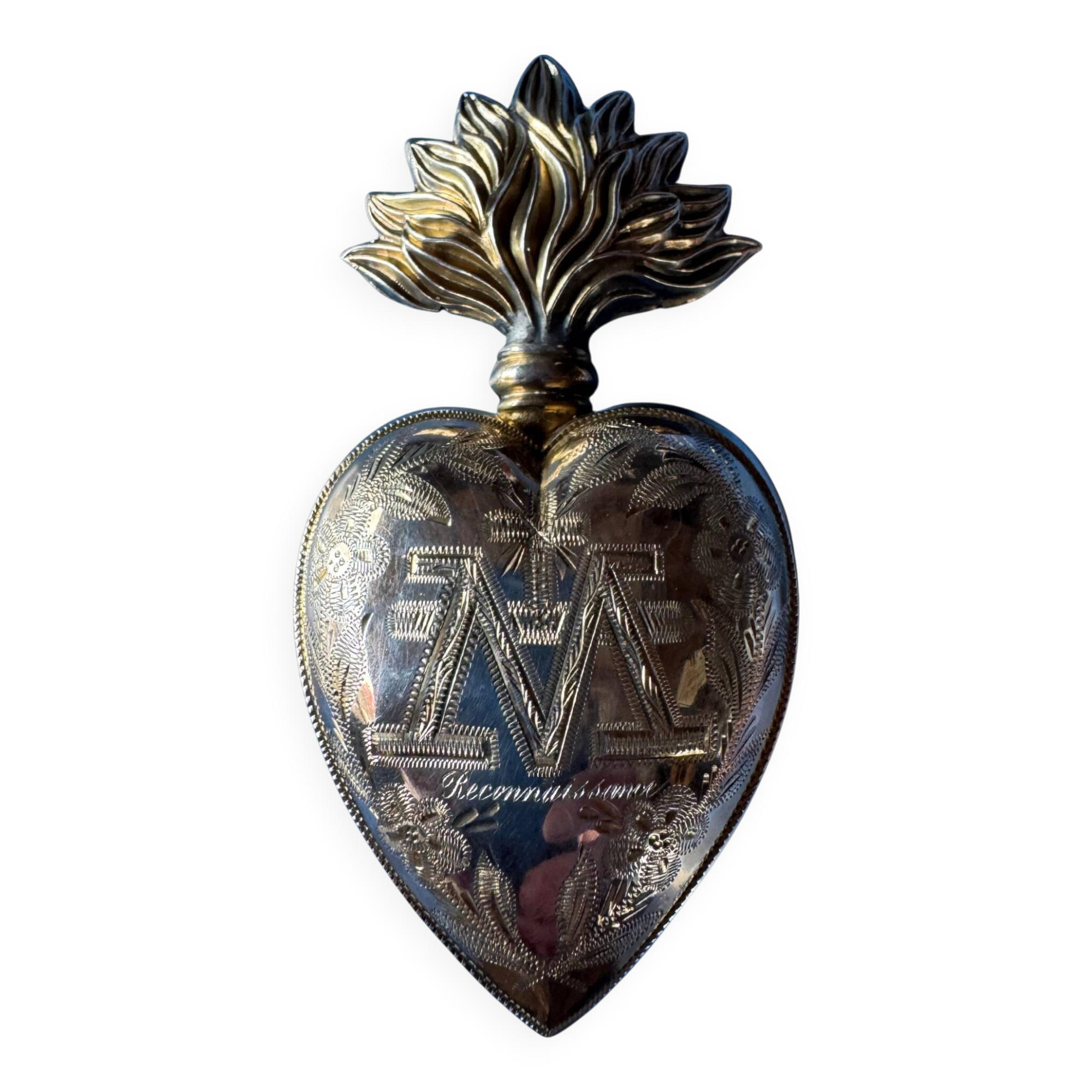 Sacred ex-voto in solid silver – heart engraved “Reconnaissance” – interior do